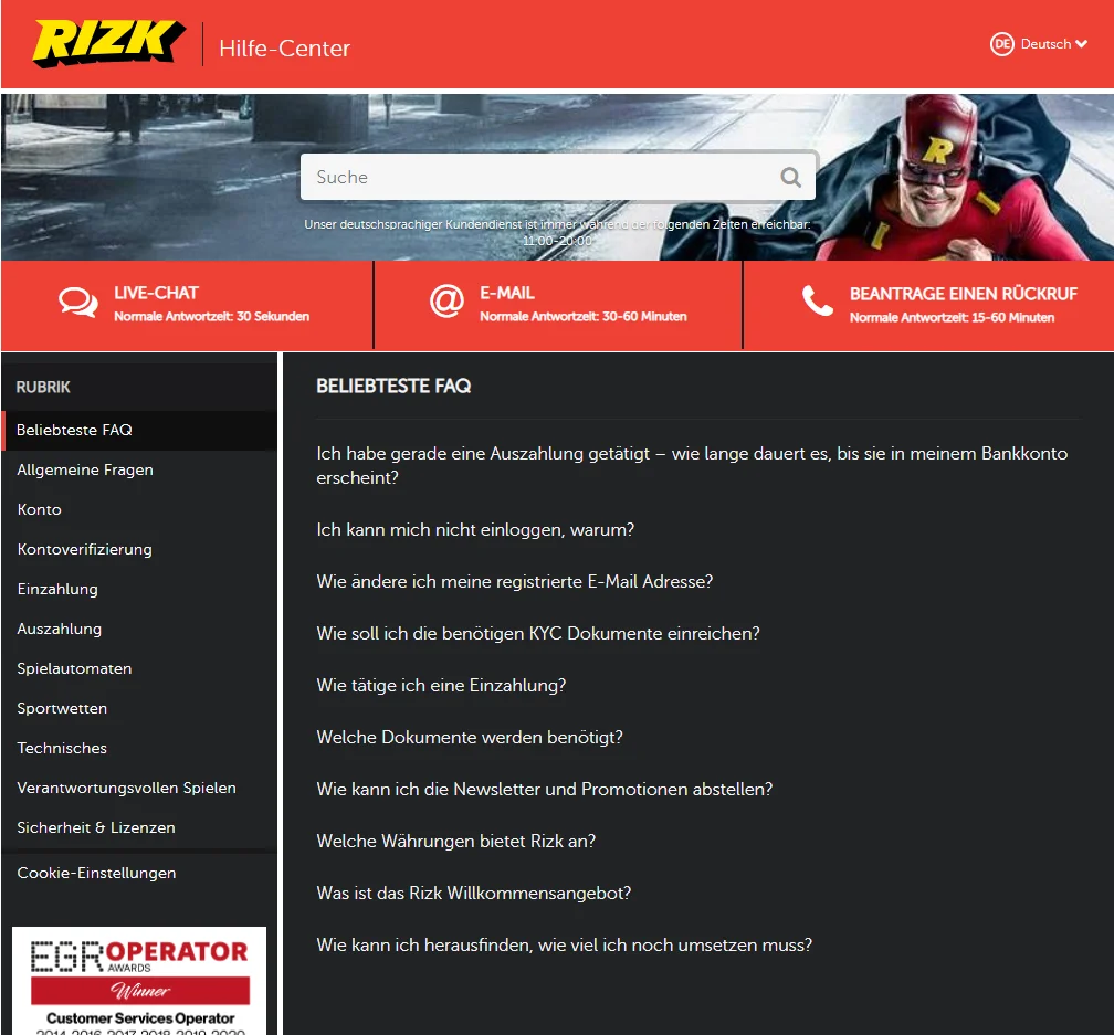 Unterstützung Online Casino Rizk | de.worldcasinoexpert.com