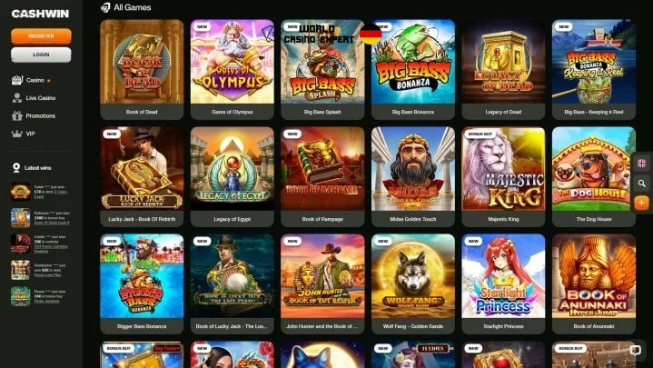 Spielautomaten und Live-Spiele im Casino Cashwin